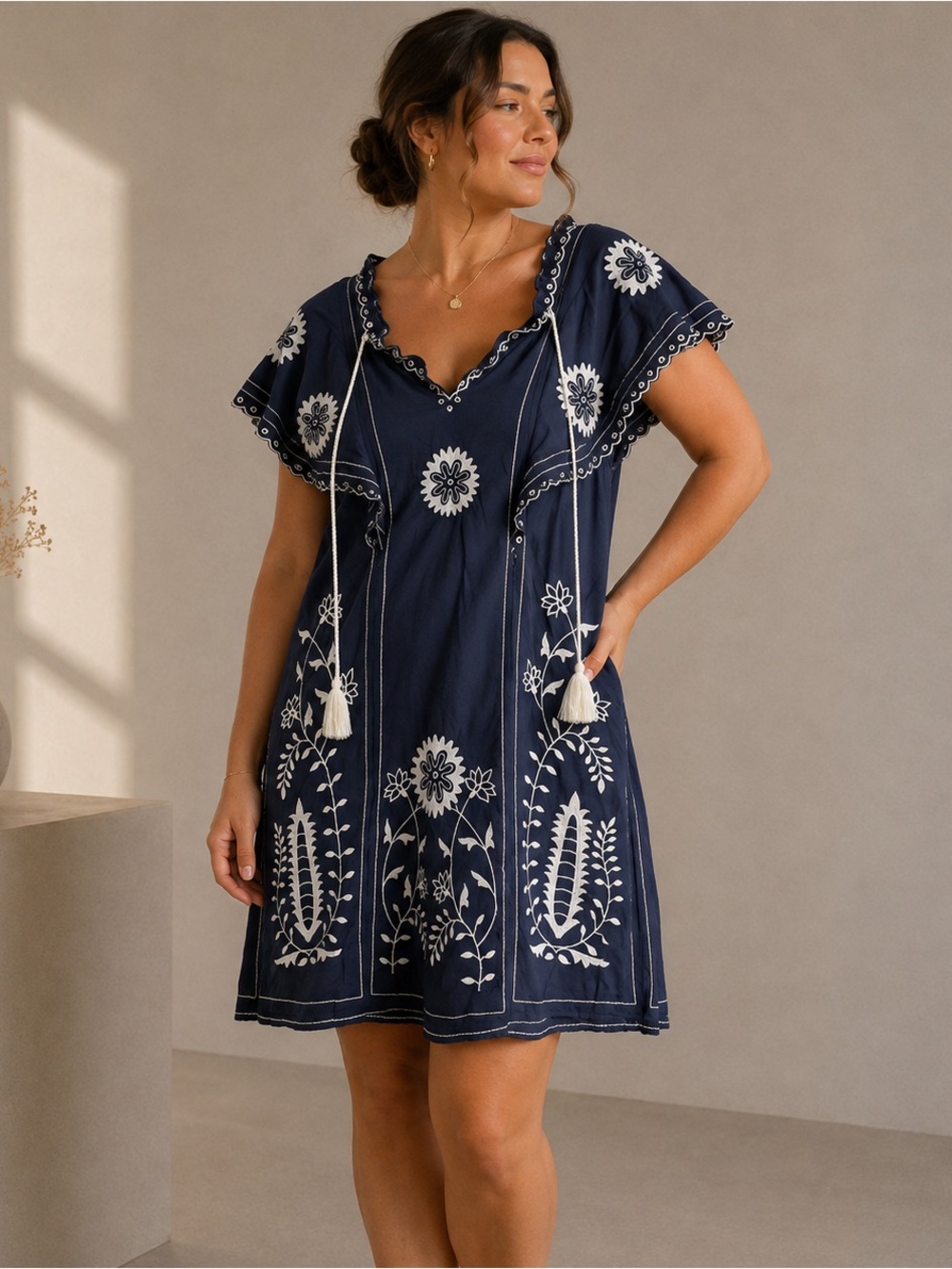 Let Me Be Navy Embroidered Cotton Boho Mini Tunic Dress Medium